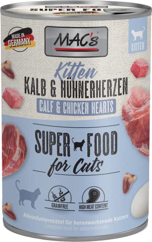 Mac's Kitten Mix 12 x 400g | 3 Sorten Katzenfutter für Kitten – Pute/Rind/Ente, Pute/Kaninchen, Kalb/Hühnerherzen – Getreidefrei, hoher Fleischanteil, artgerecht