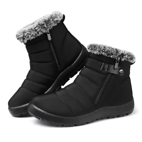 SHIBEVER Women Winter Snow Boots: Womens Black Waterproof Non Slip Ankle Booties Size 8 Warm Fur Lined Outdoor Walking Booty