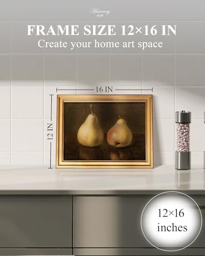 Image of HUARCEY Gold Framed Vintage Wall Art for Living Room, Pear Fruits Painting Prints Shelf Decor for Kitchen, Aesthetic Bedroom Wall Art Decor, Christmas Gift for Friends or Family (Two Pears 12 inchx16 inch)
