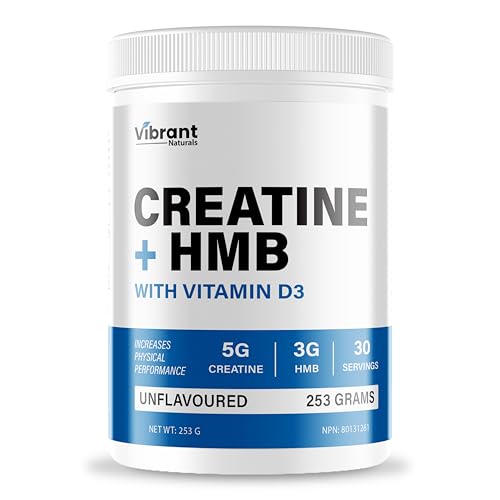Creatine HMB, Micronized Creatine Monohydrate for Strength and Power, Increased Muscle Growth and Lean Muscle Mass, With Vitamin D3, Unflavoured, Made In Canada (30 Servings)