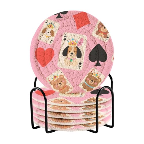 Niedliche Cartoon-Untersetzer mit Poker-Motiv, 6 St&uuml;ck, mit Halter, Untersetzer f&uuml;r Couchtisch f&uuml;r Tassen