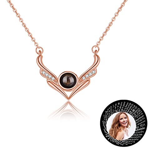 Custom Photo Projection Necklace for Women 925 Sterling Silver Personalized I Love You Necklace 100 Languages Pendant Valentine Day Jewelry (Rose Gold)