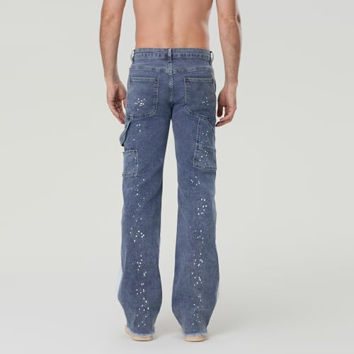 Men Patchwork Jeans Vintage Mid Rise Relaxed Fit Bootcut Denim Pants Casual Trousers Streetwear3