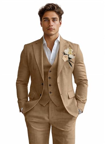 Men 3 Piece Suits Set Linen Slim Fit Wedding Dress