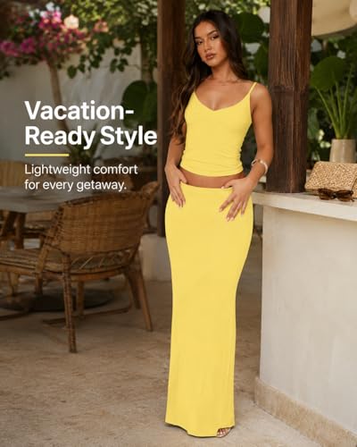 Image of Two Piece Skirt Set for Women - Sexy Sleeveless Spaghetti Strap Pleated Tank Top Maxi Long Skirts Sets