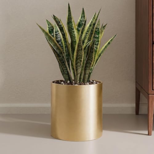 Rioneta Gold Metal Plant Pot with Drainage Hole 7 Inch Mid Century Modern Small Pot Indoor Outdoor Planters for Succulents Flowers & Home Decor Gift Window Living Room Bedroom