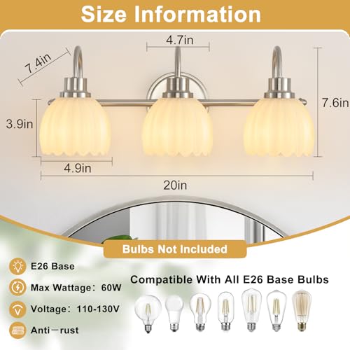 Image of Bathroom Light Fixtures(3-Light, 20 Inch), Brushed Nickel Vanity Lights for Bathroom with Ribbed White Tulip Glass Shade, Vintage Vanity Wall Lights for Mirror Bedroom Living Room Hallway
