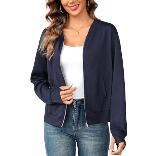 Totatuit Womens Long Sleeve Zip Up Cardigan Jacket Outfits Crewneck Casual Bomber Coat Lightweight Sweatshirts Navy Blue XX-Large