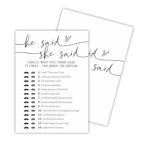 Minimalism Bridal Shower Game Cards, He Said She Said, Double-Sided