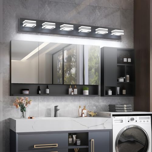 Image of SOLFART Modern LED Dimmable Bathroom Light Fixtures Over Mirror Led Vanity Lights Modern Black LED 6 Light Vanity Light