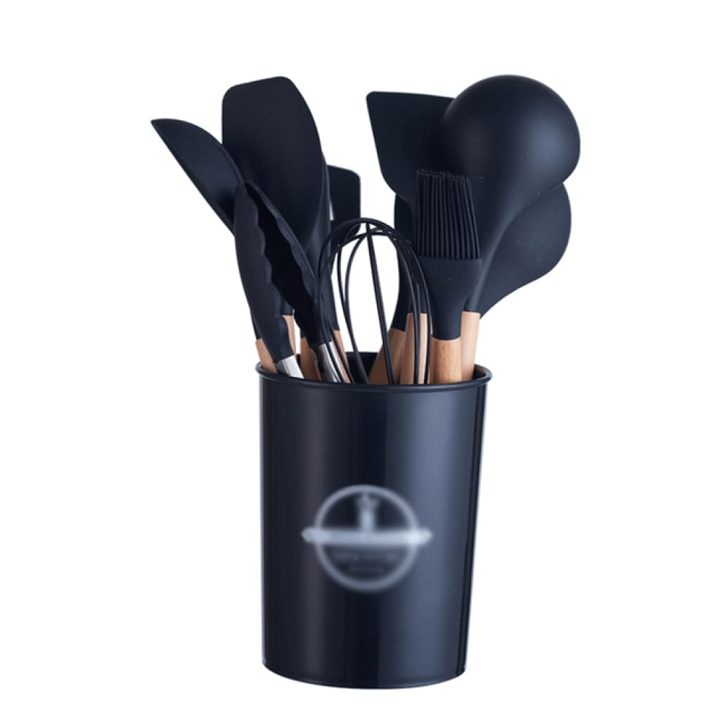 DOUKI Lot de 12 ustensiles de Cuisine en Silicone Fouet Pince cuillère spatule avec Support et Manche en Bois pour la Cuisson des ingrédients