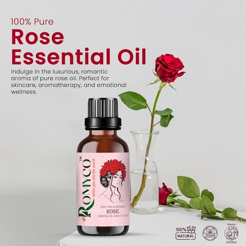 Image of Romyco Rose Essential Oil 30ml (Gulab) for Romance, Luxury | Hydrated Skin Care | Natural Perfume & Meditation | Aromatherapy & Diffuser Oil | Men & Women | Pure Natural Organic & Undiluted