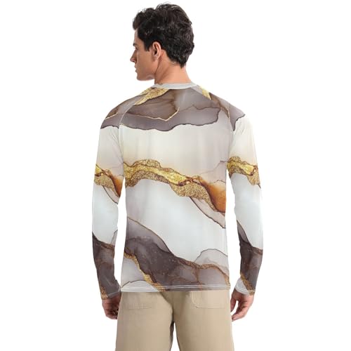 Marble White Brown Men's Rash Guard Shirts Loose Type Round Neck Sun Protection Long Sleeve Running2