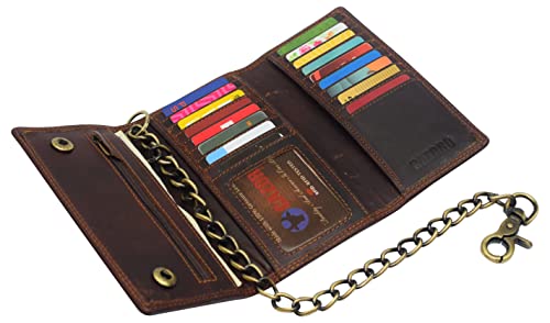 Bikers RFID safe Cow Leather Crazy Horse Brown Long Checkbook Trifold Chain Wallet for Men Vintage Texture style4