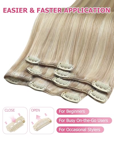 Image of YoungSee Blonde Clip Hair Extensions Highlight Dirty Blonde Mix Bleach Blond Human Hair Extensions Clip ins Short Straight Human Hair Clip in Extensions 12In 7Pcs 85G