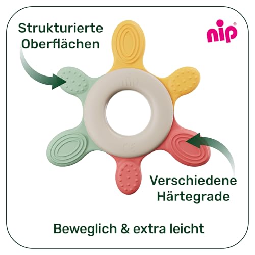 nip – Beißring | Nachhaltiger Beißring für Babys ab 3 Monaten aus über 65% natürlichen Rohstoffen. Zur sanften Massage von Zahnfleisch, Zunge und Zähnchen | Rot/Grün/Orange