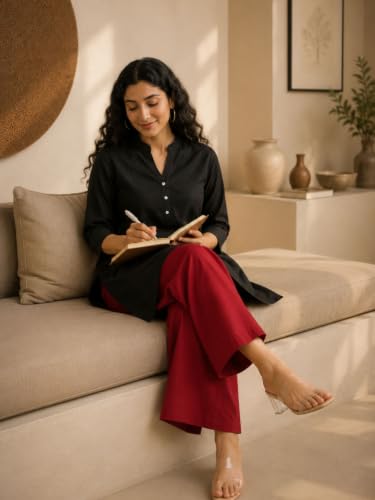 Image of SAADAA Women Airy Linen Long Kurta | Mandarin Collar 3 /4th Sleeve Kurta | Regular Fit Ethnic Wear for Women | Casual, Festive & Office Wear