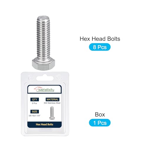 Image of METALLIXITY Hex Head Bolts (3 /8-16 x 1-1 /4 inch) 8Pcs, 304 Stainless Steel 18-8, Fully Threaded, External Hex Drive, Plain Finish, Hex Head Screw Bolt, Silver