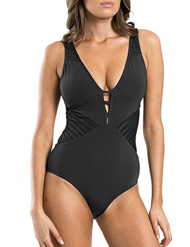 Blooming Jelly Womens Slimming One Piece Swimsuit V Neck Cutout Mesh Bathing Suit Tummy Control Swimwear?L Black