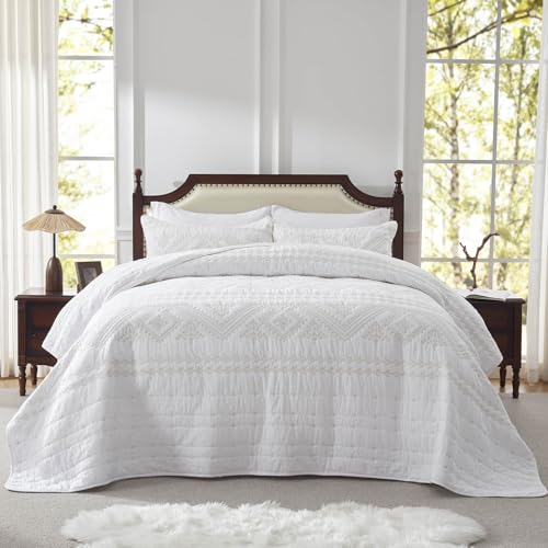LEAONME 100% Cotton 3-Piece Quilt Set White Full Queen Size Lightweight Bedspread Coverlet 90''x98'' Soft Luxurious Embroidered Bedding Set for All Seasons (1 Quilt, 2 Pillow Shams)