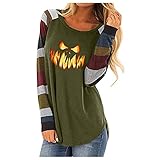 NAQUSHA Damen Halloween Langarm Pullover Herbst Freizeit Kürbis Smiley Drucken Kollision Streifen Ärmel T-Shirt Rundhals Tops Oberteile Sweatshirts(Green,Medium)