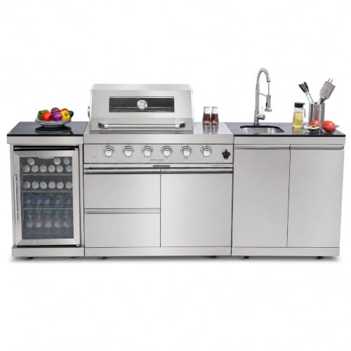 XINONE 46-Inch 4-Burner Modular Outdoor Kitchen Propane Grill with Refrigerator, Sink, Infrared Rear Burner, and Granite Counters