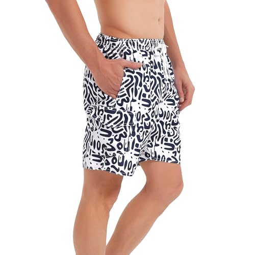 Scotamalone Traje de baño para hombre, de secado rápido, 7 pulgadas, con forro de malla, blanco, azul, azul marino (Navy Blue White), Small