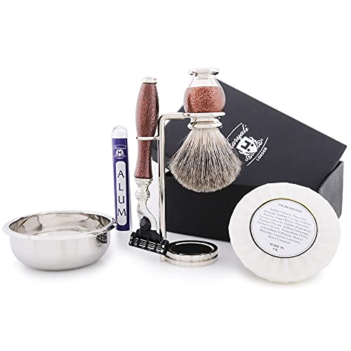 Haryali London 6Pc Mens Shaving Kit 3 Edge Razor With Black Badger Hair Shaving Brush, Stand, Soap, Bowl and Alum Perfect Set For Men