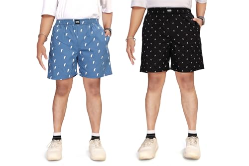 Image of UNOseven Shorts for Boys - 100% Cotton Printed with Side Pockets - Pack of 2 - Available from Size 7 Years to XL