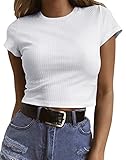 Artfish Women's Short Sleeve Knit Ribbed Crop Top Teen Girls Basic Tee Shirts White, M