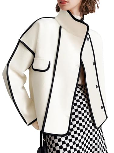 chouyatou Women's Winter Stand Collar Button Down Wool Coat Casual Loose Short Wool Jacket