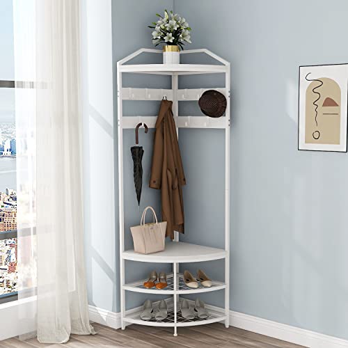 GiftGo Corner Coat Rack Entryway Hall Tree with Shoe Storage Bench for Home Organize Bedroom Mudroom 3 in 1 Coat Stand (White, Large)