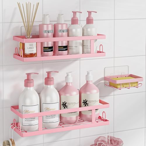 Youvip Adhesive Shower Caddy Shower Shelves with Soap Holder and 12 Hooks No Drilling Bathroom Organizer and Storage Pink 3 Pack
