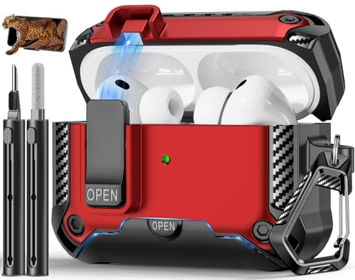 Image of for AirPods Pro 3 Case with Lock & Phone Stand(Red) | Automatic Snap Switch Lock,Carbon Fiber Texture Design Cover with Cleaner Kit