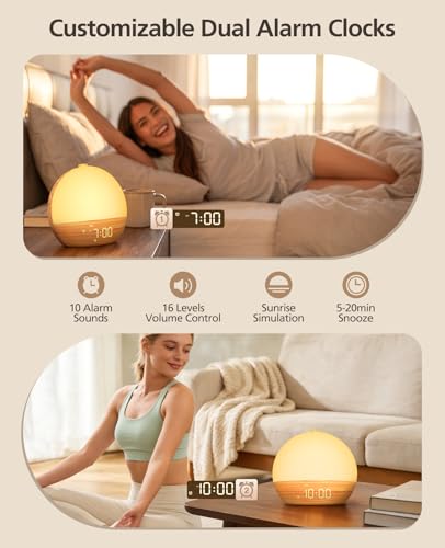 Tempospark Wood Grain White Noise Sound Machine Sunrise Alarm Clock with 30 Soothing Sounds, 17 Night Lights, Bluetooth Speaker Wake Up Light Alarm Clocks for bedrooms, Heavy Sleepers, Baby, Kids - image 6