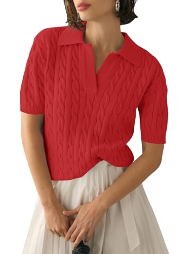 Image of Micoson Womens Short Sleeve Sweater Tops Lapel V Neck Polo Shirts 2026 Summer Cable Knit Loose Blouse Business Casual Outfits