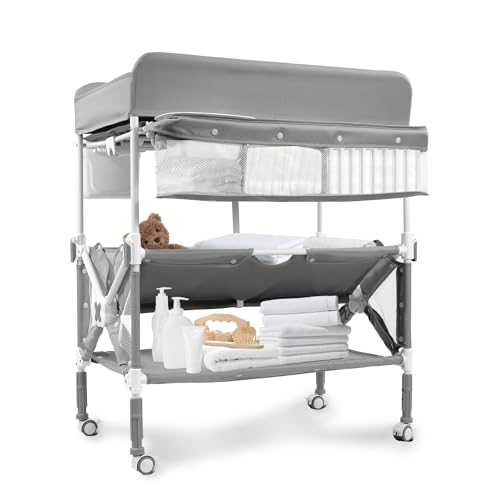 PEEKABU Portable Foldable Baby Changing Table Dresser Waterproof Diaper Changing Station with Wheels, Adjustable Height Changing Table Station Mobile Nursery Organizer for Newborn and Infant, Grey