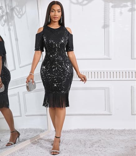 Image of Cololura Sexy Elegant Women Sequin Long Sleeve Tassel Bodycon Midi Dress Party Evening Gown Formal Dress
