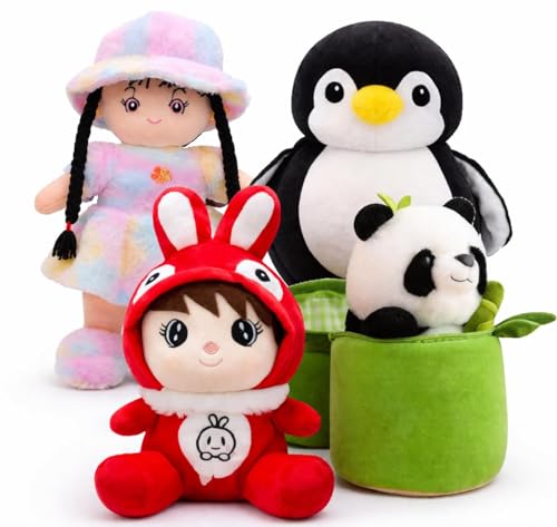 Image of Soft Plush Toy Combo Set of 4 - Cute Doll, Penguin, Bunny Hoodie & Panda in Basket Stuffed Toys for Kids Boys & Girls | Soft Toy Gift Set for Birthday & Baby (Multicolor, Pack of 4)