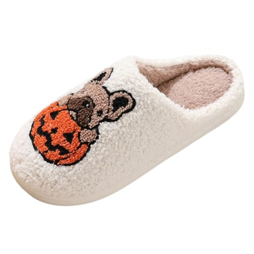 Pantofole da donna Bulldog francese, scarpe da casa da donna in peluche con simpatico design a zucca, calda fodera soffice suola antiscivolo, morbide e comode, pantofole invernali per camera da letto