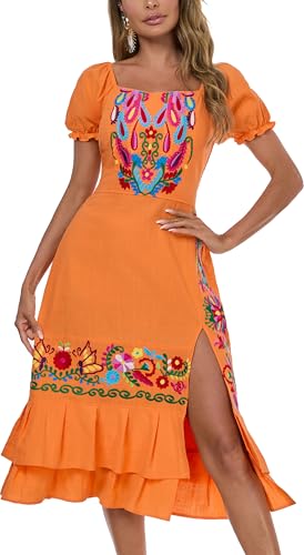 Image of YZXDORWJ Mexican Dress for Women Boho Embroidered Sexy Ruffle Maxi Dress Short Sleeve Summer Beach Wedding Party Dress