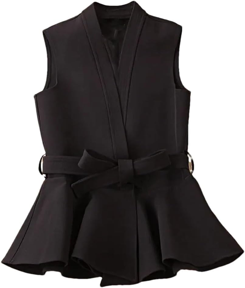 [keusyoi] レディース ノースリーブベスト ベルト付きブレザージャケット オフィスウェア 韓国スタイル 春夏トップス