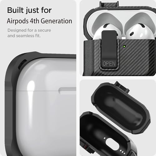 Image of Olytop for Airpods 4 Case with Lock Clip, Rugged Apple Airpods 4th Generation Cover 2024 Men Women, Armor Shockproof iPod 4 Gen Protective Hard Shell with Carabiner&Cleaner kit,CF Black