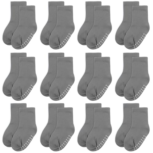 Image of jealkip 12 pack baby socks, cotton crew children's socks, non-slip grip socks, unisex, for toddlers, boys, girls, Gray