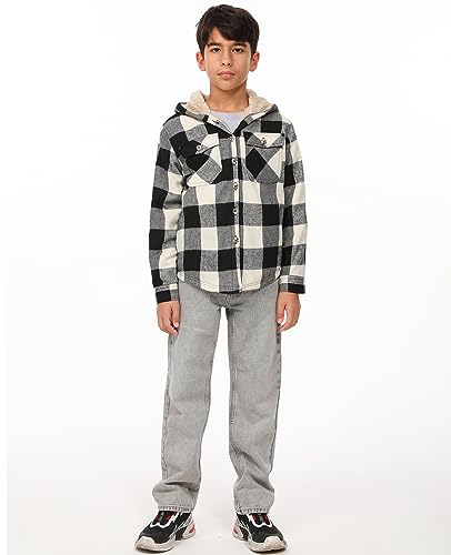 Image of ZENTHACE Boys Sherpa Fleece Lined Flannel Plaid Button Down Shirt Jacket,Hooded Flannel Shirt with Hand Pockets