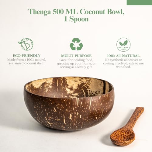 Image of Thenga Coconut Shell Bowl + Spoon Set | 500 ML Eco-Friendly Handmade Natural Bowls for Smoothies, Cereals, Salads & Snacks | Toxin-Free Tableware - Pack of 2 with Wooden Spoons