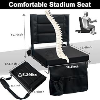 Stadium Bleacher Seats with Detachable Padded Cushion＆Backs Support,Portable Memory Foam Folding Bleacher Chair with Shoulder Strap,Perfect Bleacher Cushion for Sports Outdoor Events (1, Black)