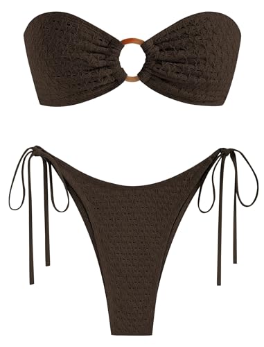 ZAFUL Women's Bandeau Bikini Strapless O Ring Lace Tie Back High Cut Two Piece Swimsuit Bathing Suits (2-Deep Brown, M)
