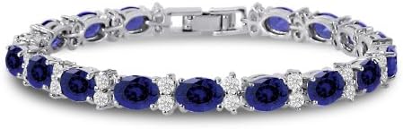KEZEF CZ Tennis Bracelet - Oval 7x5 Syn Blue Sapphire & Round 2.50mm White CZ - Silver over Brass - 7 Inch