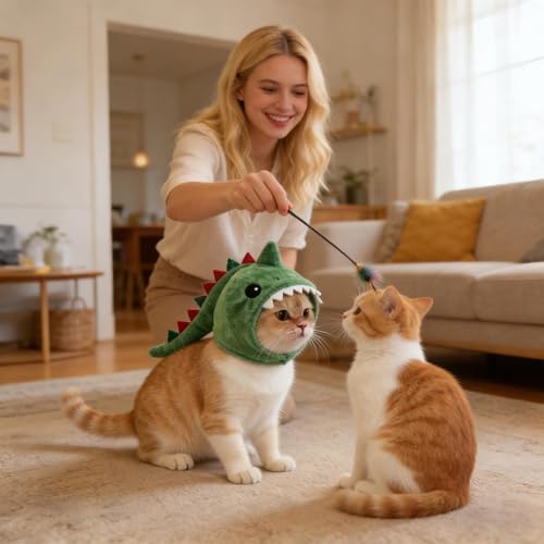 Gorro para gatos ajustable con protección térmica suave y diseño de dinosaurio para invierno 3